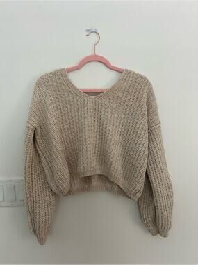 Pink Republic Women’s Small Beige Chenille Knit Cropped Sweater Open Back